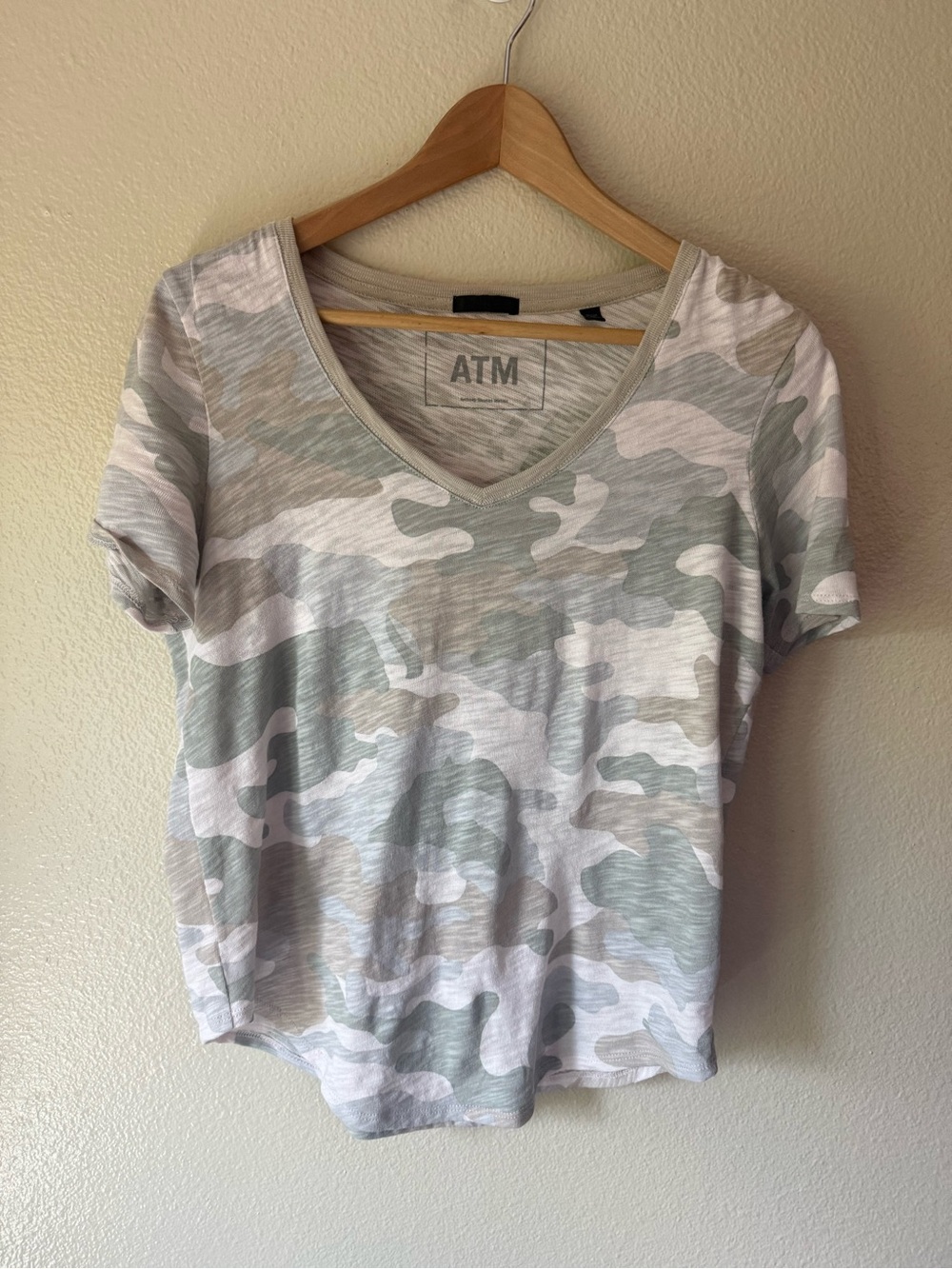 ATM Anthony Thomas Melillo Sage and Beige Camo V-Neck Tee